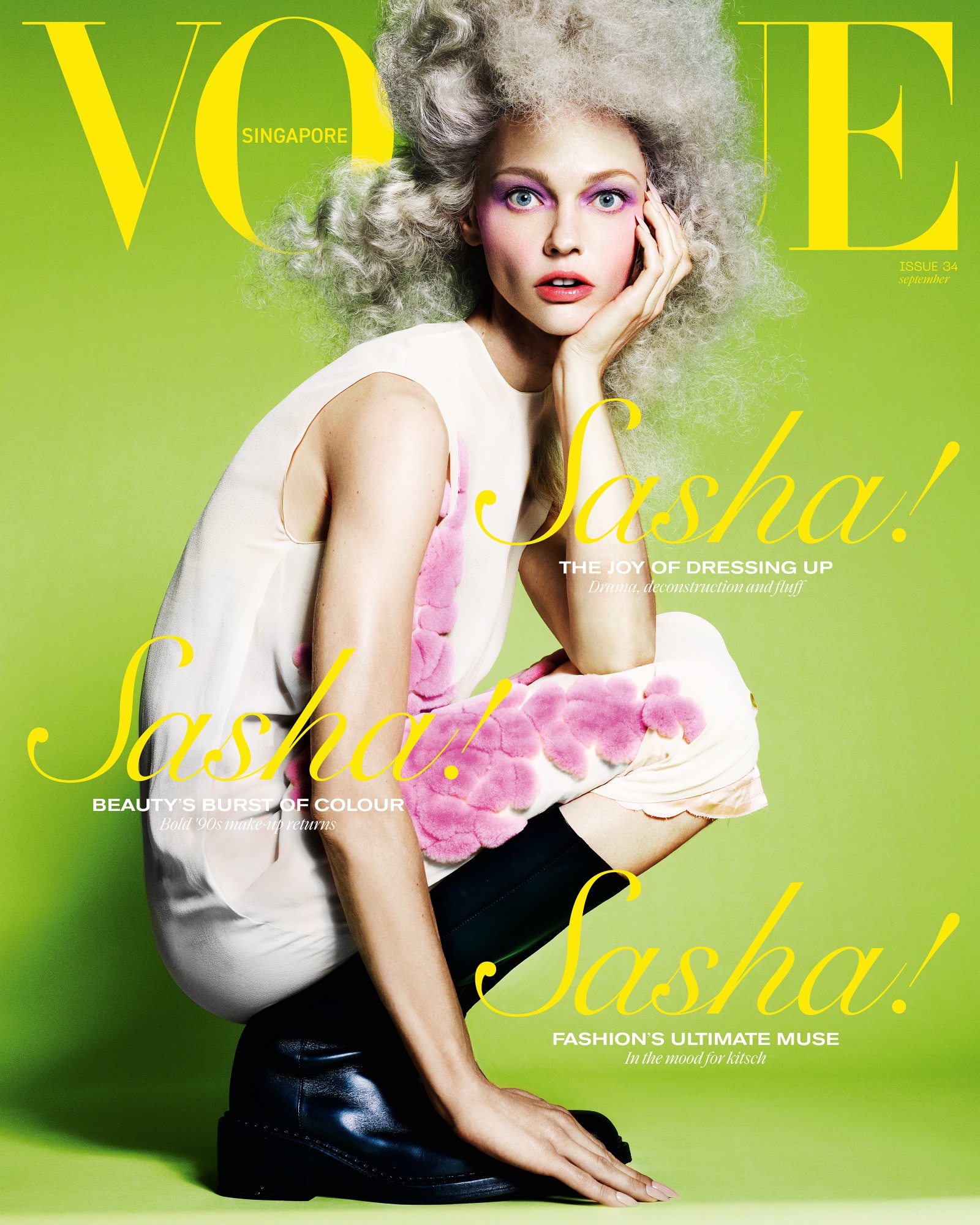 Sasha Pivovarova for Vogue Singapore with hair by Joeri Rouffa